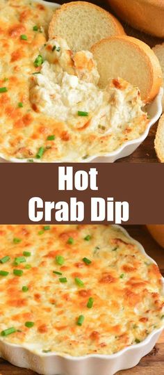 two images showing different types of crab dip in casserole dishes with bread on the side