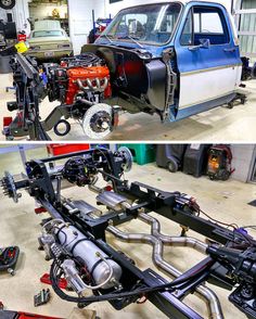 two pictures side by side of an old truck with the engine in place and on the ground