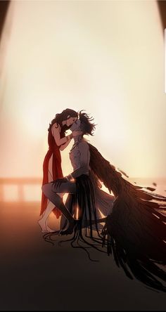 two people are kissing in front of the sun with wings on their backs, and one person is wearing a red scarf