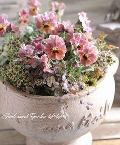 some pink flowers are in a white pot