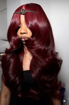 Black Prom Dress With Red Hair, Valentine Wig Hairstyles, Back Hair With Red Highlights, Colored Layered Wig Black Women, Burgundy Ginger Hair, Raspberry Twist Hair Color, Red Hair Photoshoot Ideas, Colored Curly Wigs For Black Women, Wine Red And Black Hair