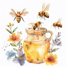 watercolor painting of bees and honey jar with flowers