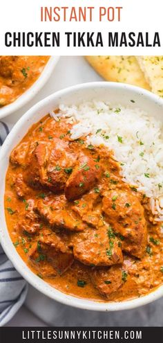 chicken tikka masala in a white bowl with rice and bread on the side