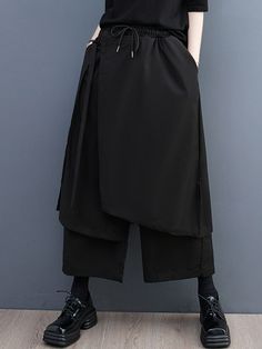 Wide Leg Loose Drawstring Solid Color Casual Pants Bottoms Culotte BLACK-One_size