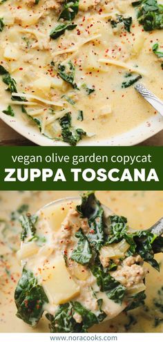 two pictures with different types of food in them and the words vegan olive garden copycat