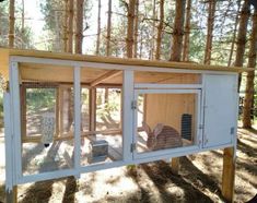 an outdoor chicken coop in the woods