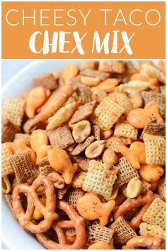 cheesy taco chex mix in a bowl with the title above it