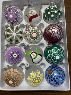 a box filled with lots of different colored ornaments