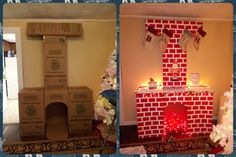 there are two pictures of a fireplace made out of cardboard boxes and christmas stockings on the mantel