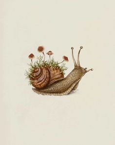 a snail with grass and flowers on its back