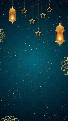 a dark blue background with gold stars and lanterns hanging from it's sides in the air