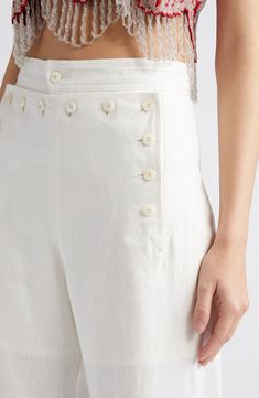 Linen Sailor Pants, Classic Linen Bottoms For Daywear, Linen Wide Leg Bottoms With Button Cuffs, Elegant Linen Pants With Button Closure, Linen Trousers With Buttons, Linen Trousers With Button Closure, Elegant Linen Bottoms With Buttons, Straight Linen Pants With Buttons, High Waist Linen Bottoms With Buttons