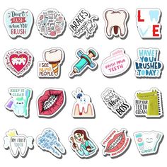 various stickers that include toothbrushes and dental care items