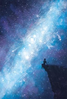 a man sitting on top of a cliff looking at the stars