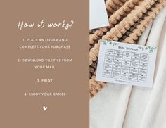 a brown and white towel with the words how it works on it next to a printable order form