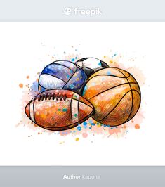 three sports balls with watercolor splashs on white background