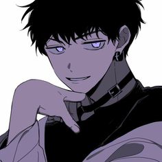 an anime character with black hair and blue eyes