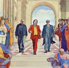 a group of people walking down a hallway with clowns on the floor and in costume