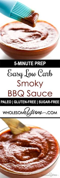 the recipe for easy low carb smoky bbq sauce is shown in two separate images