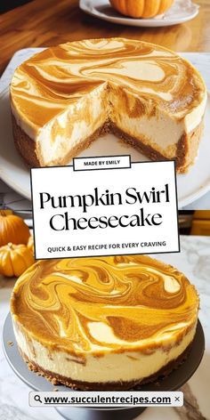 pumpkin swirl cheesecake on a plate with a sign