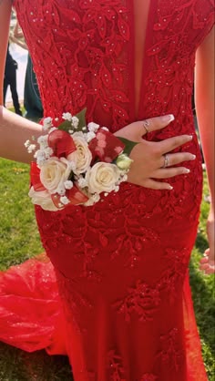 homecoming prom dress inspo date cute red Red Prom Dress Corsage, Corsage For Red Dress Prom, Corsage Prom Red Dress, Red Flower Prom Dress, Corsages For Red Dress, Red Corsage And Boutonniere Prom, Red Dress Corsage, Red Prom Flowers Corsage, Prom Flowers For Red Dress