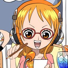 a cartoon girl with headphones holding a cup