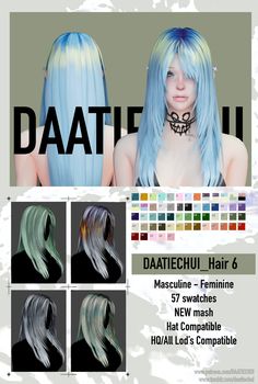 an advertisement for the hair salon with different colors and styles, including blue, green, yellow