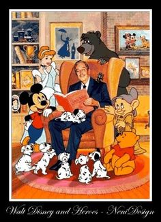 an old man sitting in a chair surrounded by dogs and mickey mouse with other disney characters