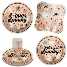 four paper plates and napkins with the words 4 - ever spooky on them