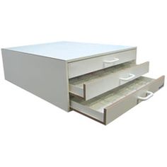 two drawers are open on each side and one drawer is closed to show the contents