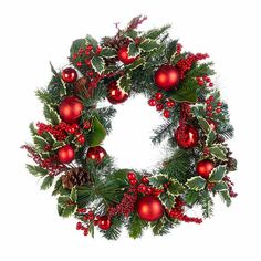 a christmas wreath with red ornaments and greenery