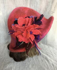 Love how this hat came out ! Red wet Felted flapper hat Ooak . Decorated with wet Felted flower. Beaded . Mannequin head size is 21 , will fit up to 23.5 created as one of a kind. Brim can be pulled o we the ears . Feel free to email me any questions. Thanks. Flapper Hat, Winter Red, Flower Hat, Fall Hats, Mannequin Head, Wool Winter, Flower Hats, Bamboo Silk, Beautiful Hats