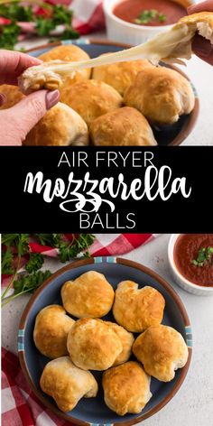 air fryer mozzarella balls on a plate with dipping sauce