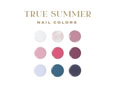 This PDF guide was created as a comprehensive list of all nail colors falling within the True/Cool Summer Color Season in color typing. These colors have been carefully matched and ensure that you will choose a nail color that complements the rest of your look.  - GUIDE INCLUDES: 1. Colors listed by brand. Brands include: CND, DND, Essie, Essie Gel Couture, Essie Expressie, OPI Infinite Shine & Regular, OPI Nature Strong, Olive & June, Pacifica, Nailtopia, Zoya, Sally Hansen Insta Dri and Sally Hansen Miracle Gel  2. Guides include over 200+ carefully selected and color matched shades.  2. Looking for a brand not listed? Send us a message and we will track down the coordinating colors for you!  This item is a digital download. After purchase, you will be able to download right away. No pal Best Nail Polish For Cool Skin Tones, Summer Palette Nail Colors, Cool Summer Palette Nails, True Summer Eyeshadow Palette, Nail Colour Palette, True Summer Color Palette Nail Polish, Cool Winter Nail Colors, Summer Color Palette Nails, True Summer Nails