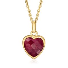 Ross-Simons - 4.60 Carat Ruby Pendant Necklace in 18kt Gold Over Sterling. 18". Enrich any ensemble by adding this fabulous, fiery pendant necklace! Features a 4.60 carat heart-shaped ruby set in 18kt yellow gold over sterling silver. Cable chain includes a 2" extender. Lobster clasp, ruby heart pendant necklace. Ruby birthstones are the perfect gift for July birthdays. Ruby Heart Pendant, Ruby Pendant Necklace, Ruby Set, Necklace Ruby, Ruby Necklace Pendant, Ruby Heart, Ruby Birthstone, Ruby Pendant, Ruby Necklace