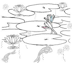 a black and white drawing of water lilies