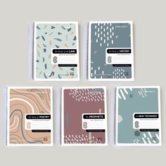 four notebooks with different designs on them