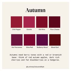 the color scheme for autumn is shown in red, purple and black colors with text that reads