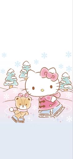 a hello kitty wallpaper with a teddy bear and snowflakes in the background