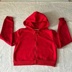 Candy Apple Red Zip Down Cropped Hoodie From Shein In Size Small Drawstring Thermal 100% Polyester Long Sleeve Slight Stretch Brand New Without Tag Red Long Sleeve Stretch Sweatshirt, Trendy Red Hoodie For Fall, Red Fitted Sweatshirt For Fall, Trendy Red Top With Drawstring Hood, Fitted Red Sweatshirt For Fall, Red Hooded Tops For Spring, Red Hooded Sweatshirt For Spring, Fitted Red Cotton Hoodie, Red Fitted Hoodie