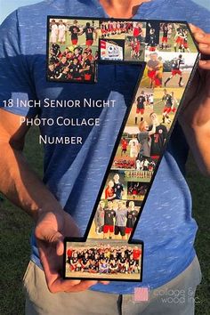 a man holding up the number seven in front of his face with photos on it