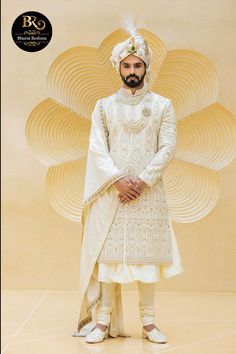 DESIGNER SHERWANI FOR MEN White Wedding Dress For Men, Shervani Design For Men Simple, Mans Dressing, Sherwani For Men Wedding Indian Groom, Outfits For Groom, Groom Indian Wedding Outfits, Sherwani Design, Marriage Suits