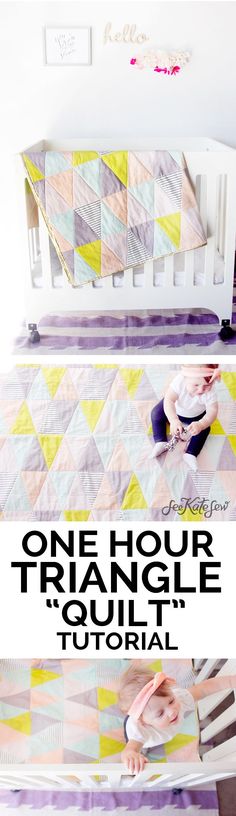 a baby crib is shown with the words one hour triangle quilt pattern on it