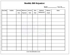 a printable bill organizer is shown in the form of a blank sheet for bills