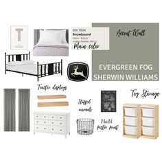 a collage of bedroom furniture and accessories with the words evergreen fog shelving williams