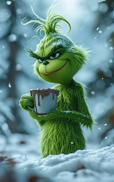 the grinch is holding a cup in his hand and looking at something with snow on it