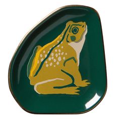 a green and yellow plate with a frog on it