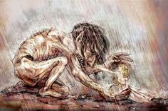 a drawing of two people sitting on the ground in the rain with their hands together