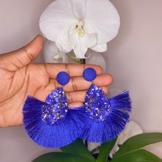 Solid Colored Tassel W/ Multi Colored Rhinestone Center Earring Blue Fringe Tassel Earrings For Party, Blue Fringe Earrings For Party, Elegant Blue Fringe Earrings, Tassel Earring, Fan Earrings, Tassel Earrings, Mustard Yellow, Other Colors, Multi Colored