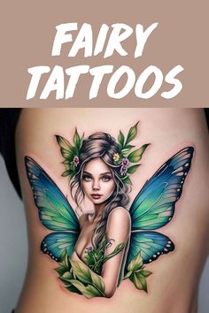 a woman's stomach with a butterfly tattoo on it and the words fairy tattoos above her